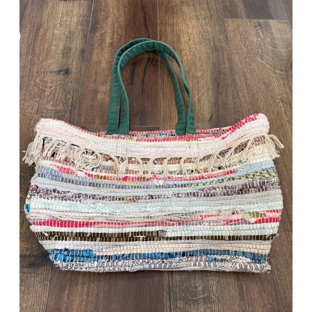Raj Woven Carpet Tote Multi Color Cotton Distressed Boho Medium NWOT